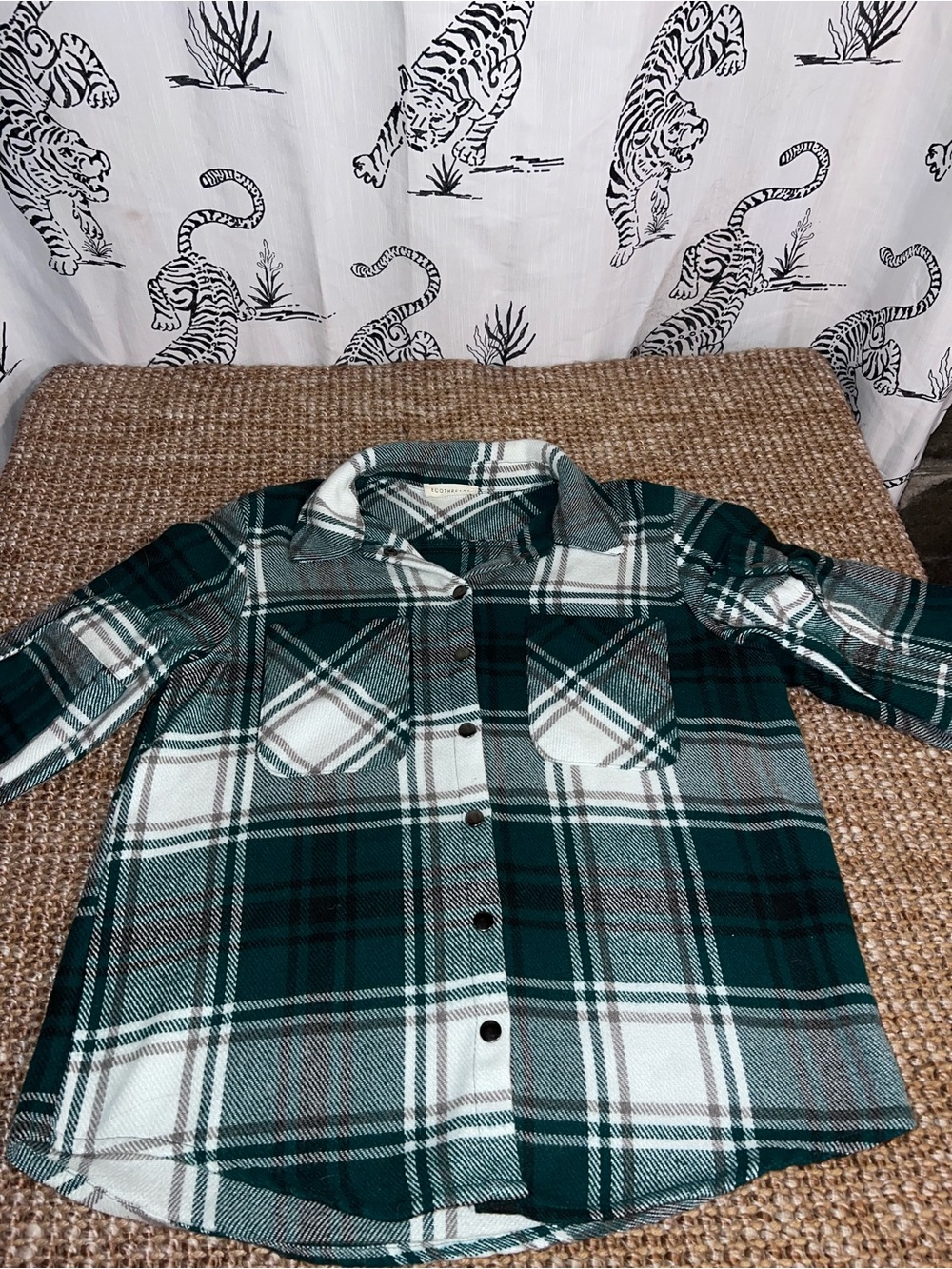 Green and White Plaid Button-Up Shacket